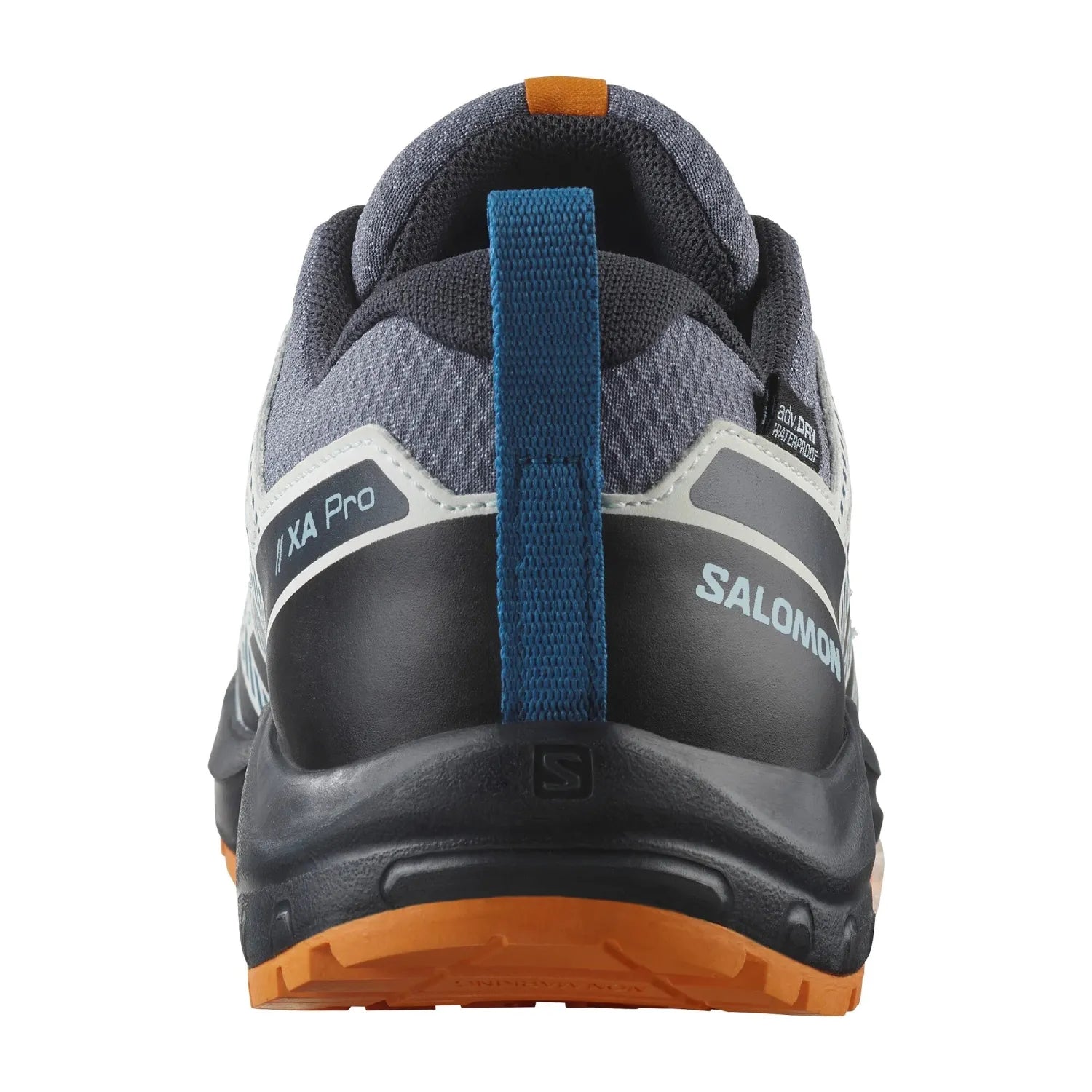 Salomon Kid's XA Pro V8 Waterproof Shoe in grisaille/dark blue/turmeric, back view