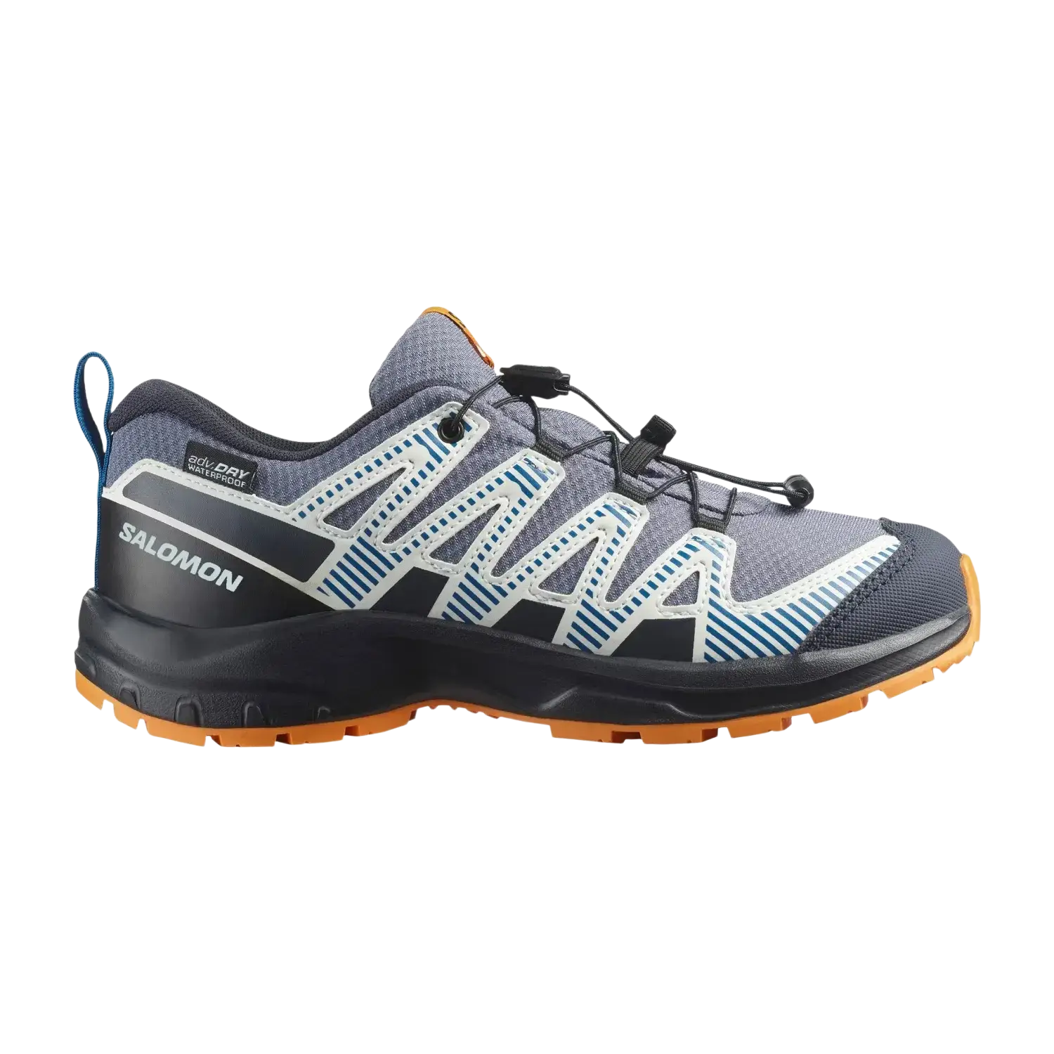 Salomon Kid's XA Pro V8 Waterproof Shoe in grisaille/dark blue/turmeric, side view