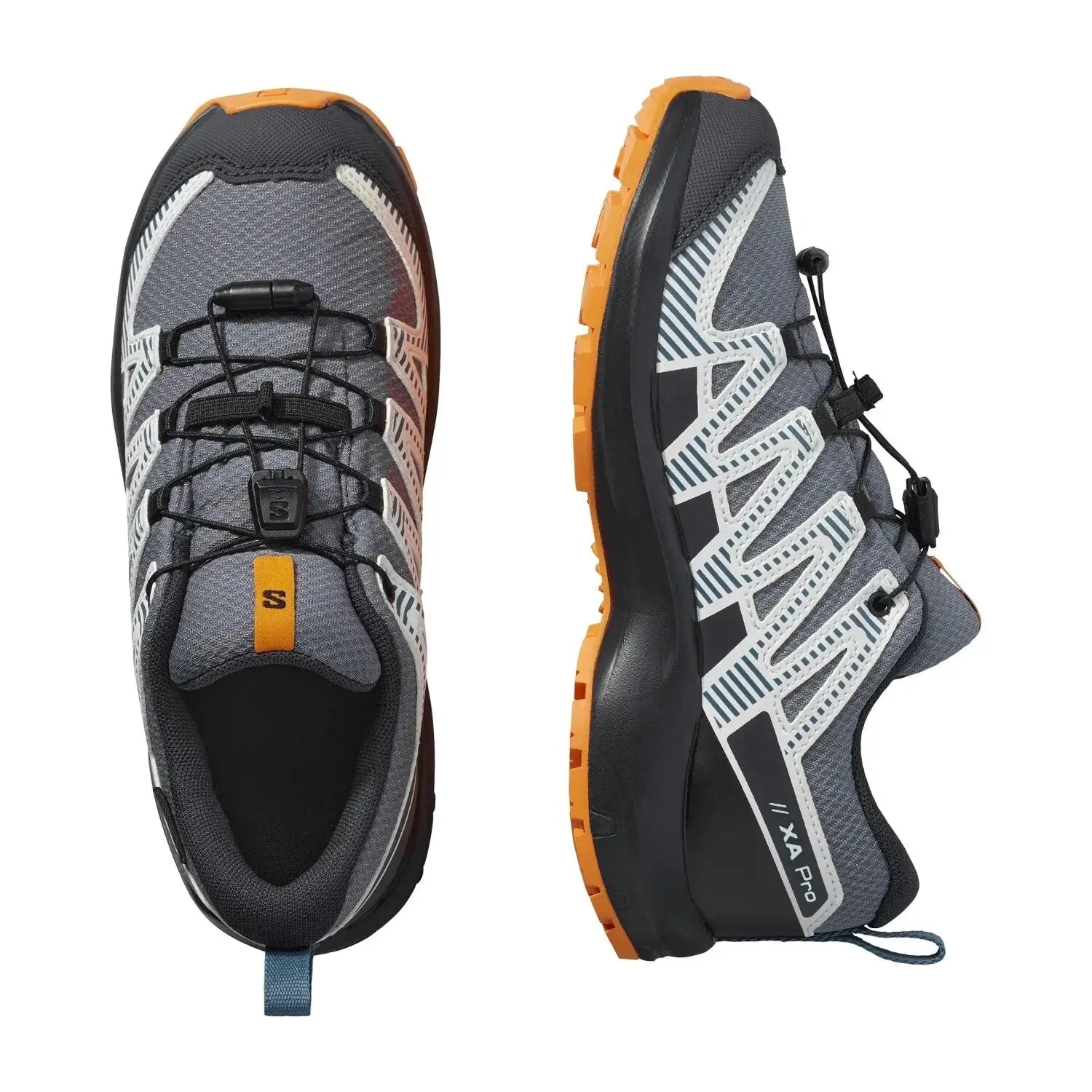 Salomon Kid's XA Pro V8 Waterproof Shoe in grisaille/dark blue/turmeric, top view