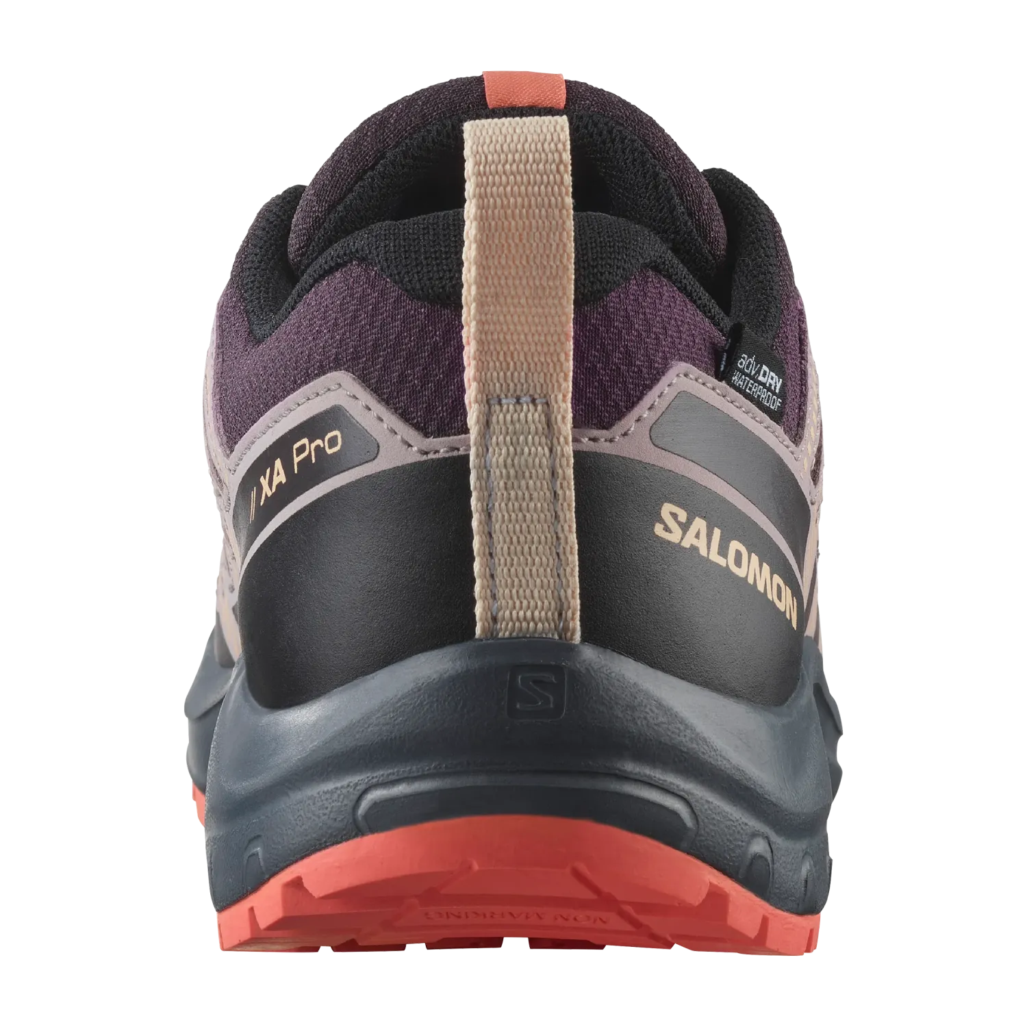 Salomon Kid's XA Pro V8 Waterproof Shoe in plum kitten/turbulence/fusion coral, back view