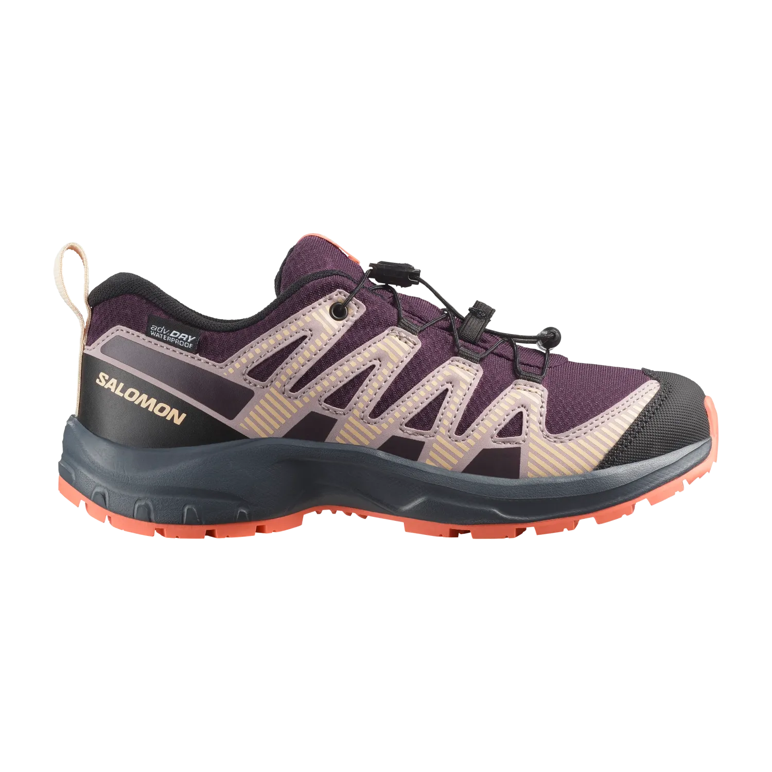 Salomon Kid's XA Pro V8 Waterproof Shoe in plum kitten/turbulence/fusion coral, side view