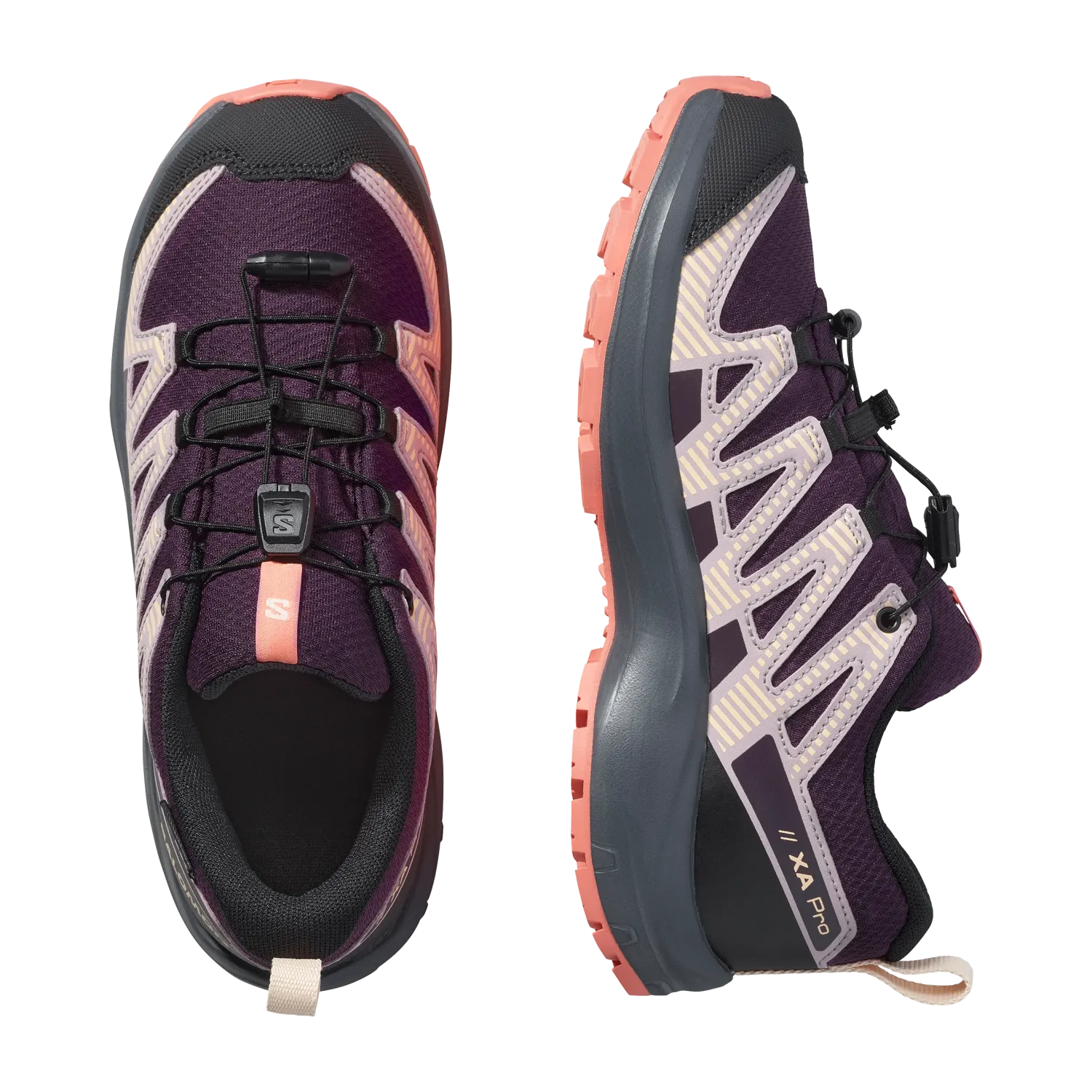 Salomon Kid's XA Pro V8 Waterproof Shoe in plum kitten/turbulence/fusion coral, top view