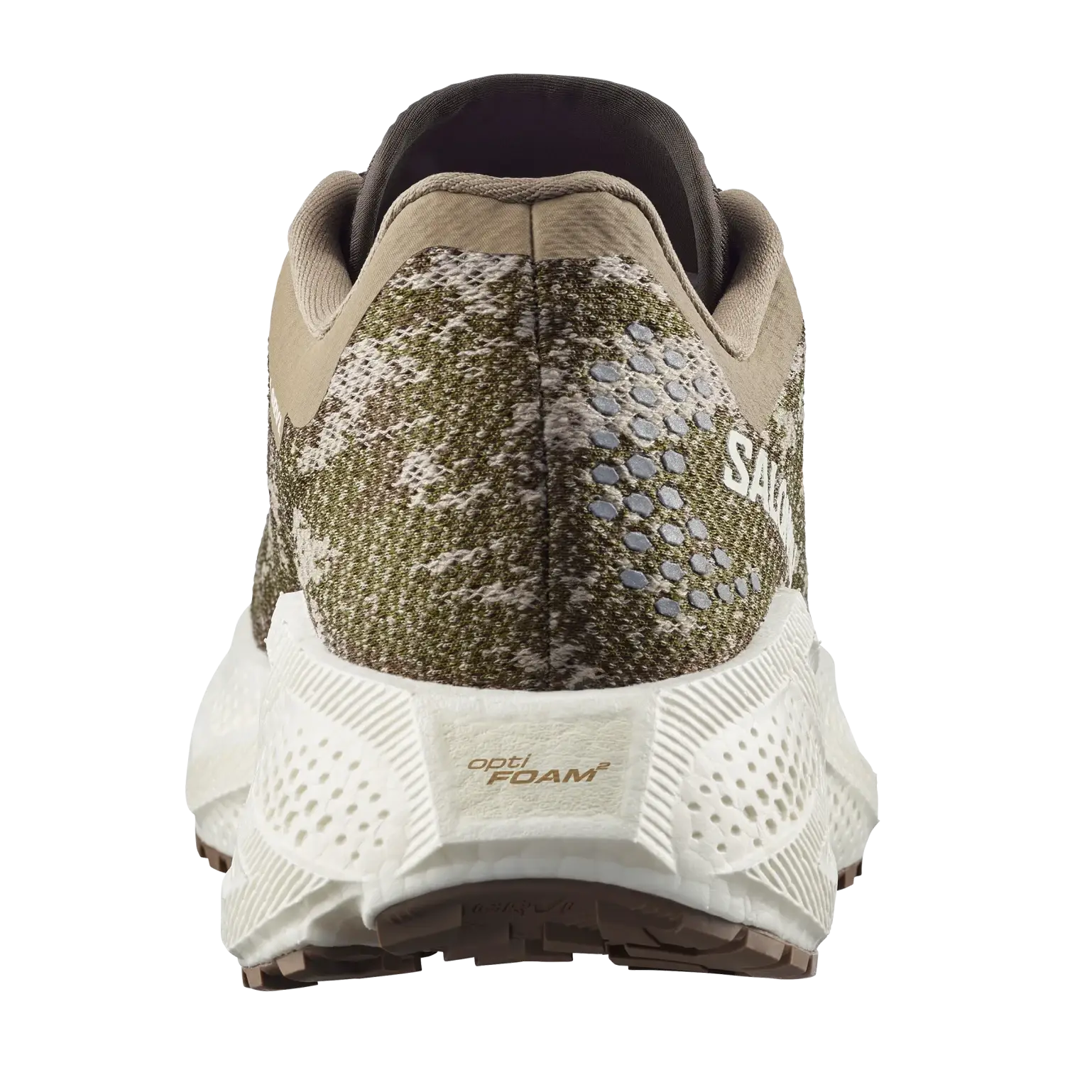 Salomon Men's Aero Glide 4 GRVL Running Shoes in safari, vanilla ice & dark earth, back view