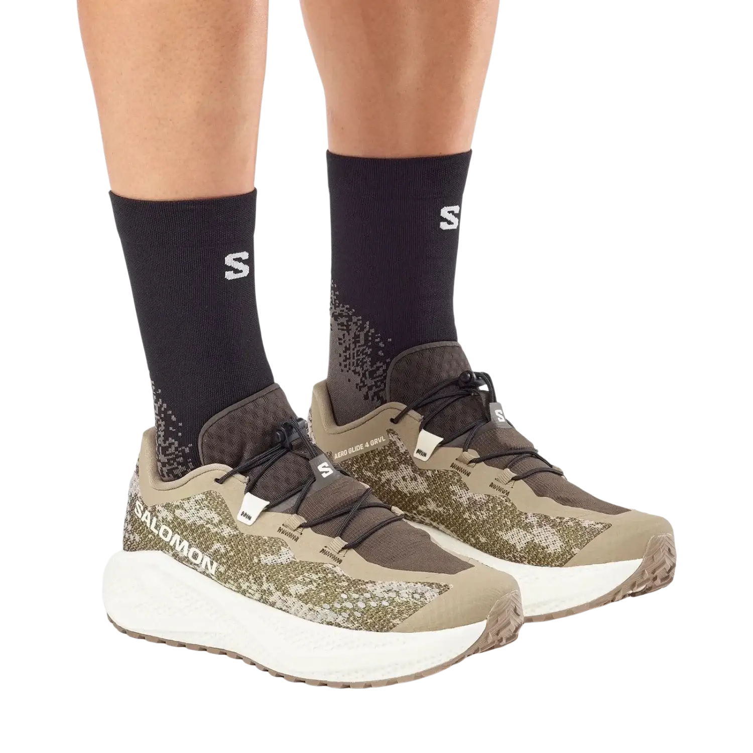 Salomon Men's Aero Glide 4 GRVL Running Shoes in safari, vanilla ice & dark earth, model view