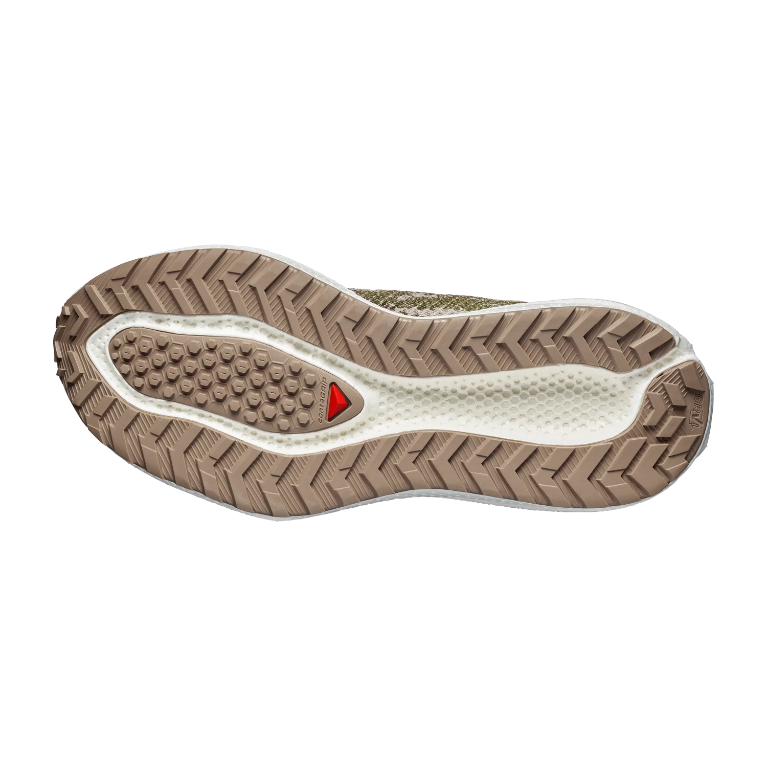 Salomon Men's Aero Glide 4 GRVL Running Shoes in safari, vanilla ice & dark earth, sole view