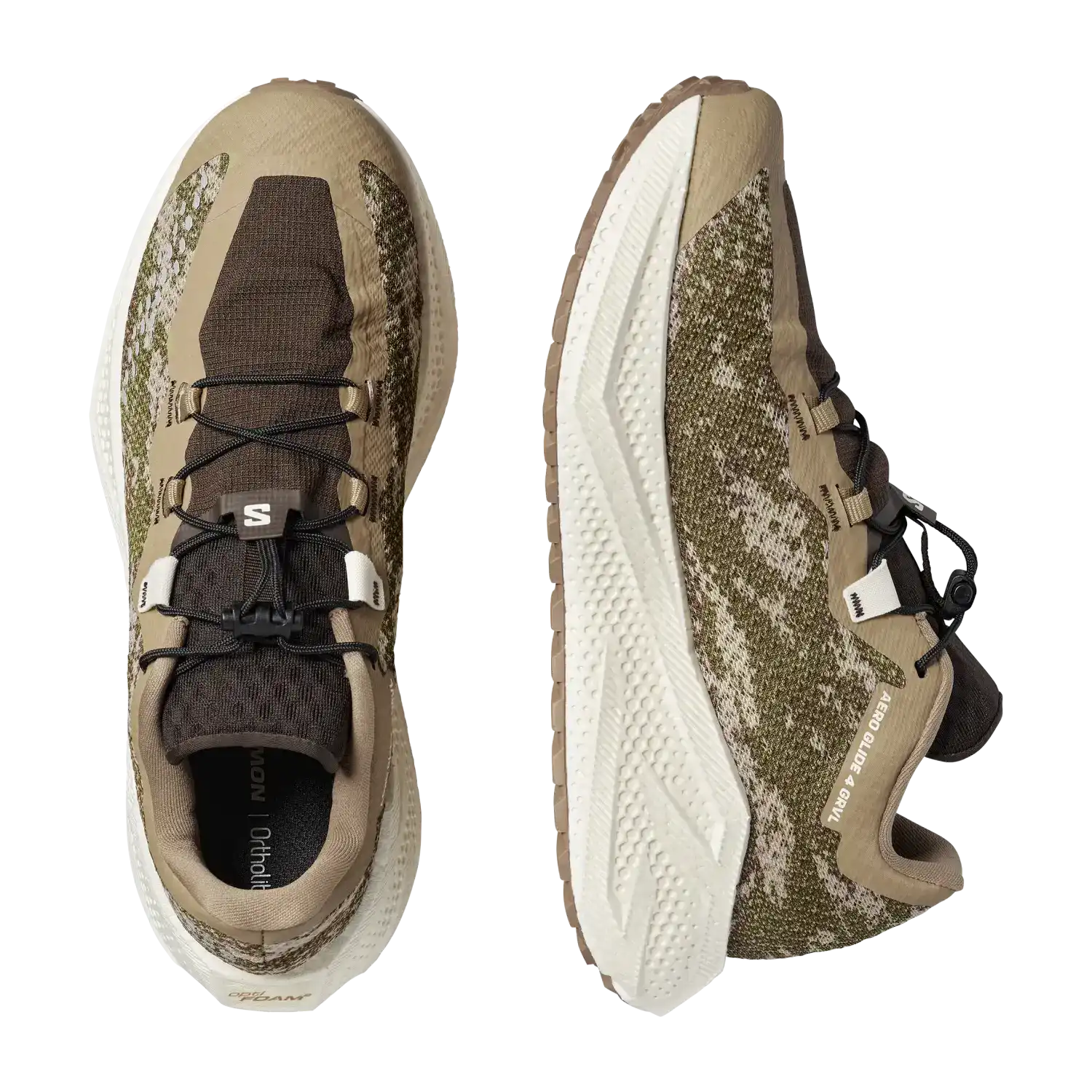 Salomon Men's Aero Glide 4 GRVL Running Shoes in safari, vanilla ice & dark earth, top view
