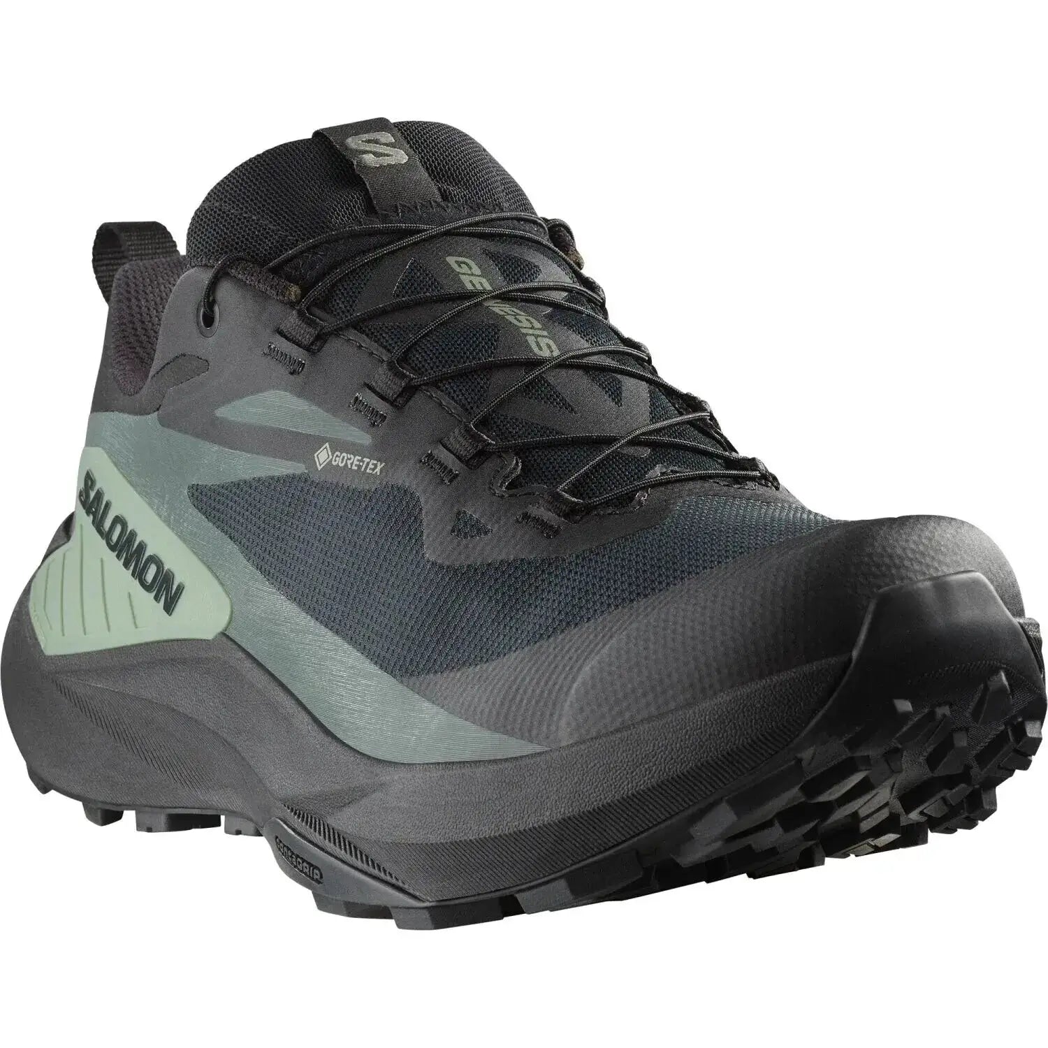 Salomon Men's GENESIS GORE-TEX Trail Running Shoes in black & agave green, front angled view