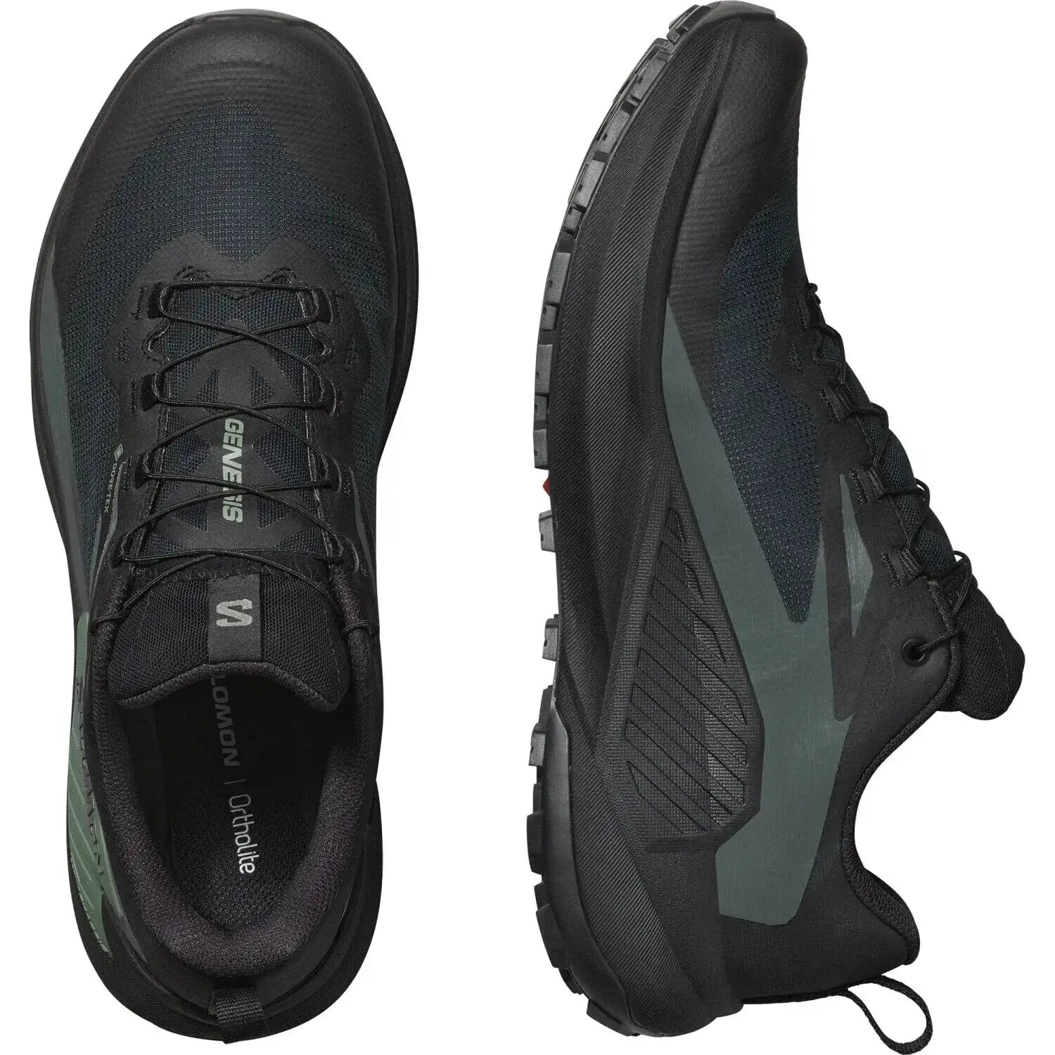 Salomon Men's GENESIS GORE-TEX Trail Running Shoes in black & agave green, top view
