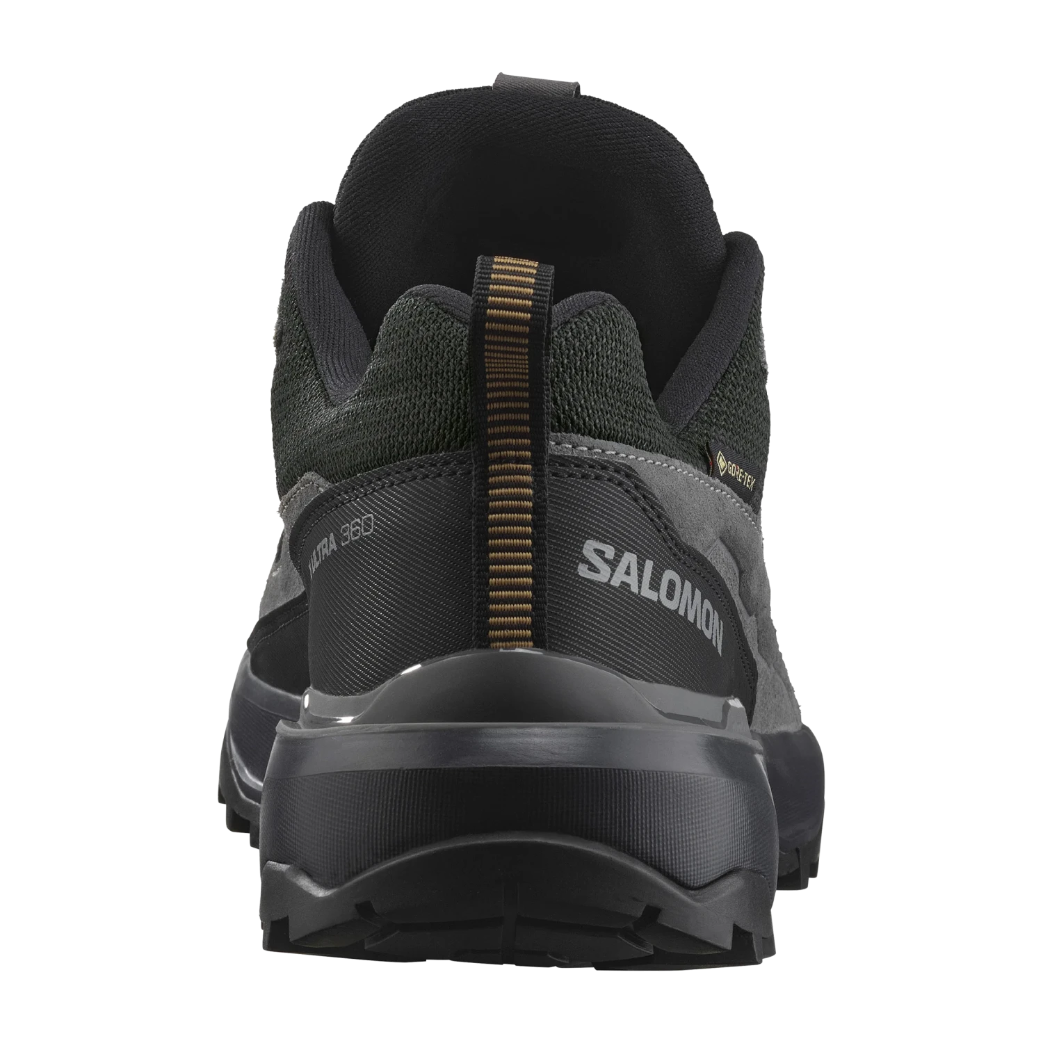 Salomon Men's X Ultra 360 Leather Gore-Tex in sharkskin & Castlerock, back view