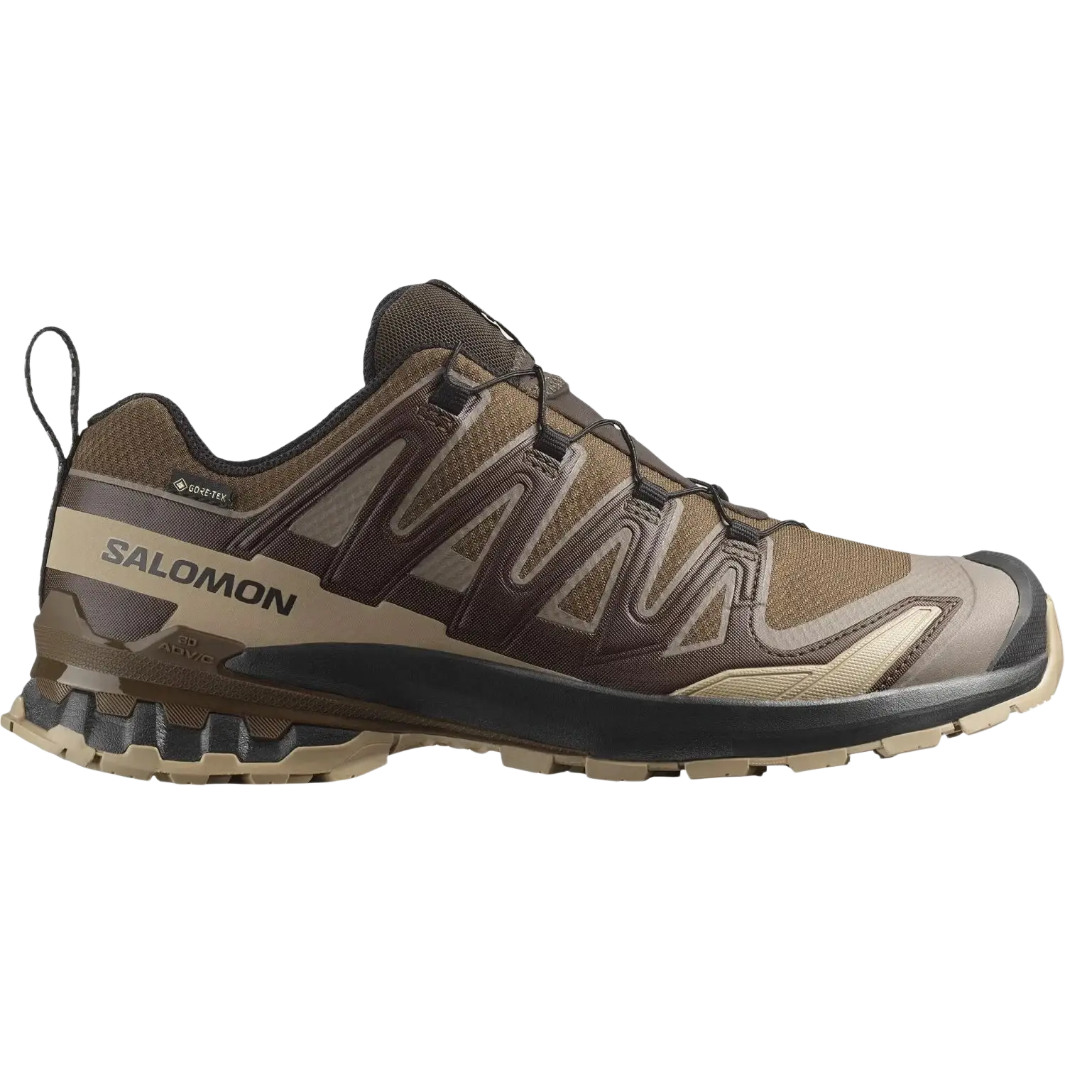 Salomon Men's XA Pro 3D V9 Gore-Tex Running Shoes in dark earth & desert tan, side view