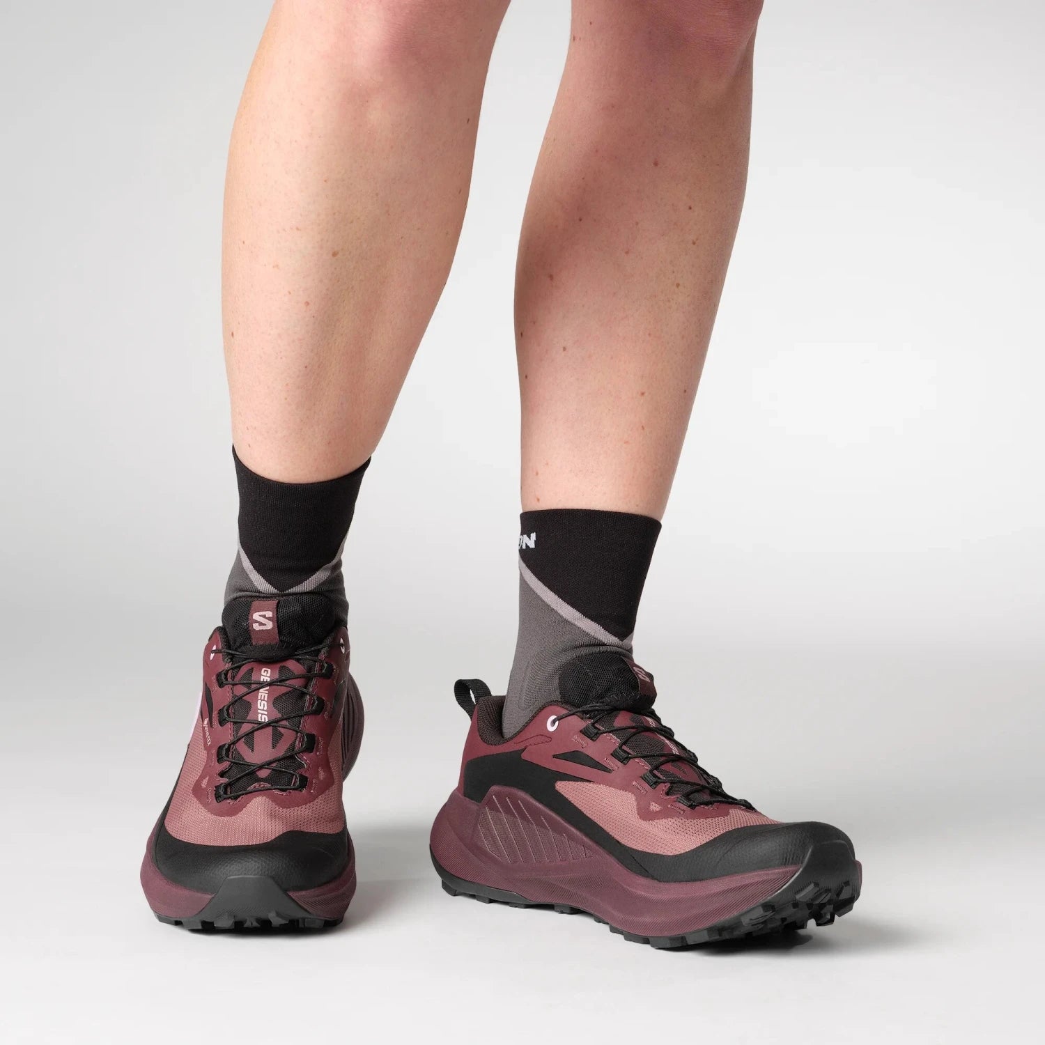 Salomon Women's GENESIS GORE-TEX in rose taupe & black, side view on model
