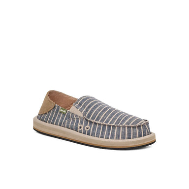 Sanuk M's Donny Linen, Navy Stripe, front and side view 