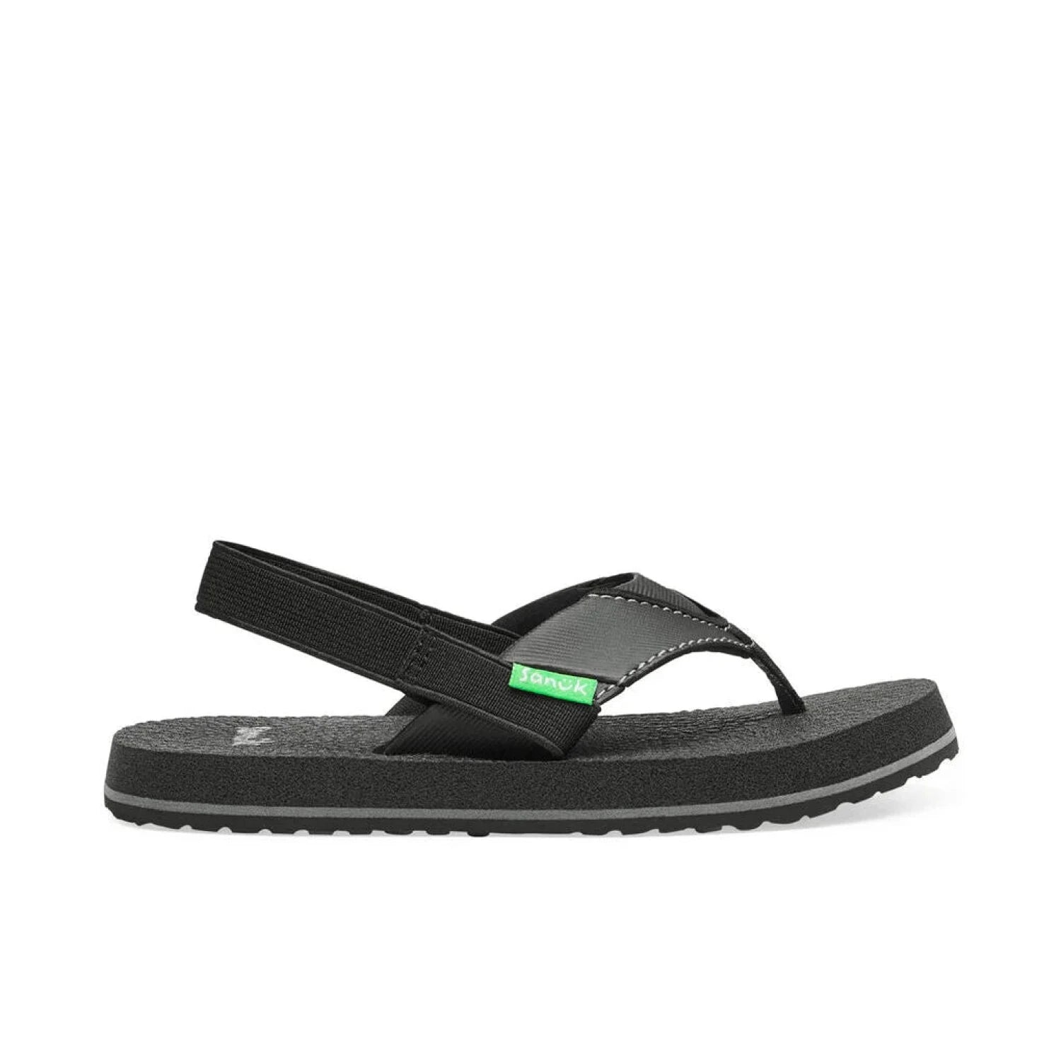 Sanuk Root Beer Cozy Little Kids Sandal shown in the Black color option. Outside view.