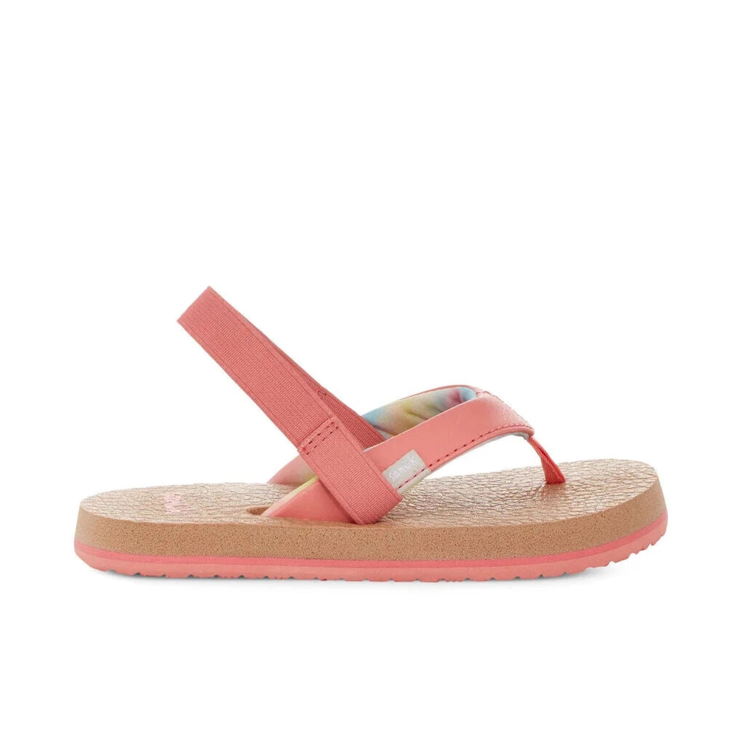 Sanuk Kids Yoga Mat Sandals shown in the Coral color option.  Outside view.