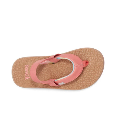 Sanuk Kids Yoga Mat Sandals shown in the Coral color option.  Top view.