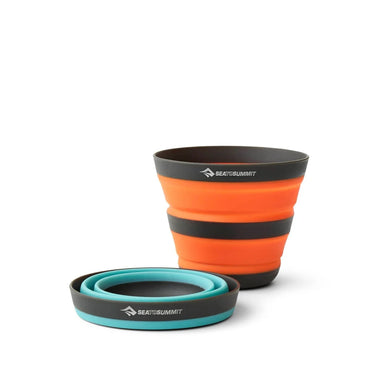 Sea to Summit Frontier Ultralight Collapsible Cup shown open and collapsed in both the Puffin Orange and the Aqua Sea Blue colors.