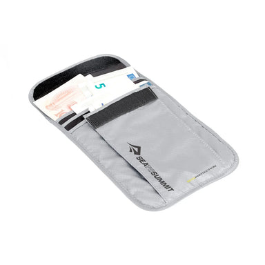 Sea to Summit RFID Neck Wallet shown in the Highrise Grey color option. No currency included..