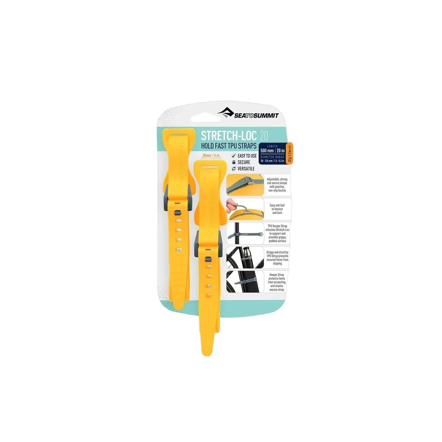 Sea to Summit Stretch-Loc TPU Straps - 20" (2 Pack), Yellow, front view 