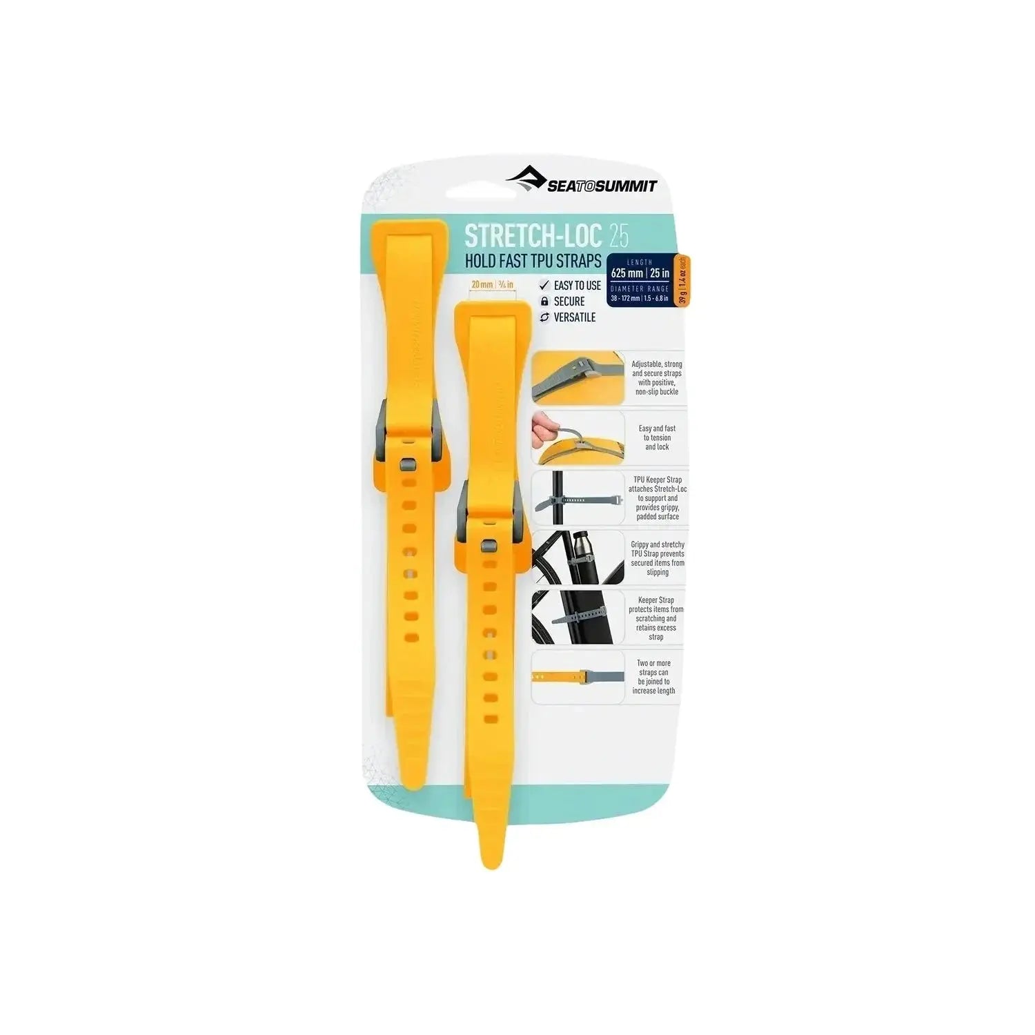 Sea to Summit Stretch-Loc TPU Straps - 25" (2 Pack), Yellow, front view 