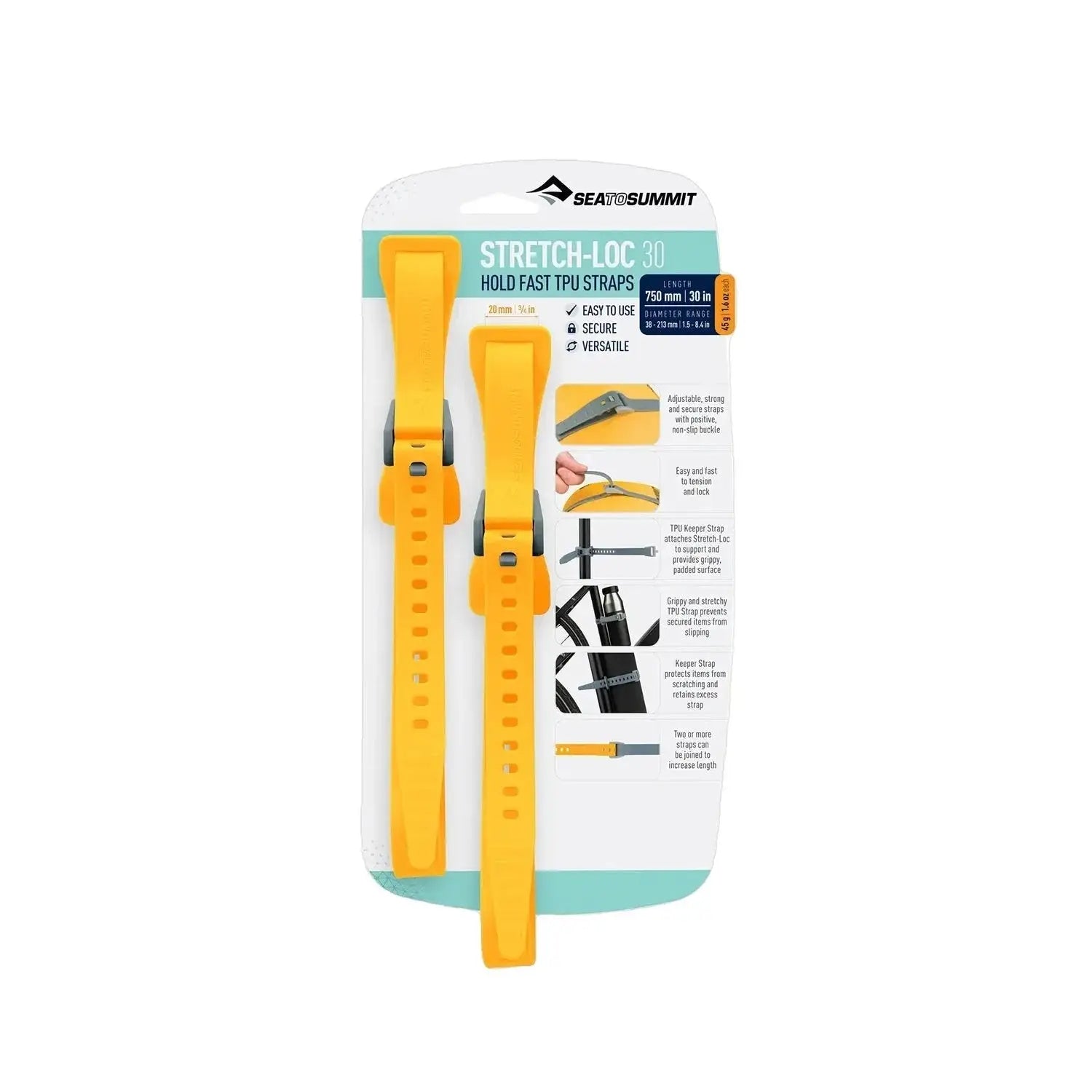 Sea to Summit Stretch-Loc TPU Straps 30" (2 Pack), Yellow, front view
