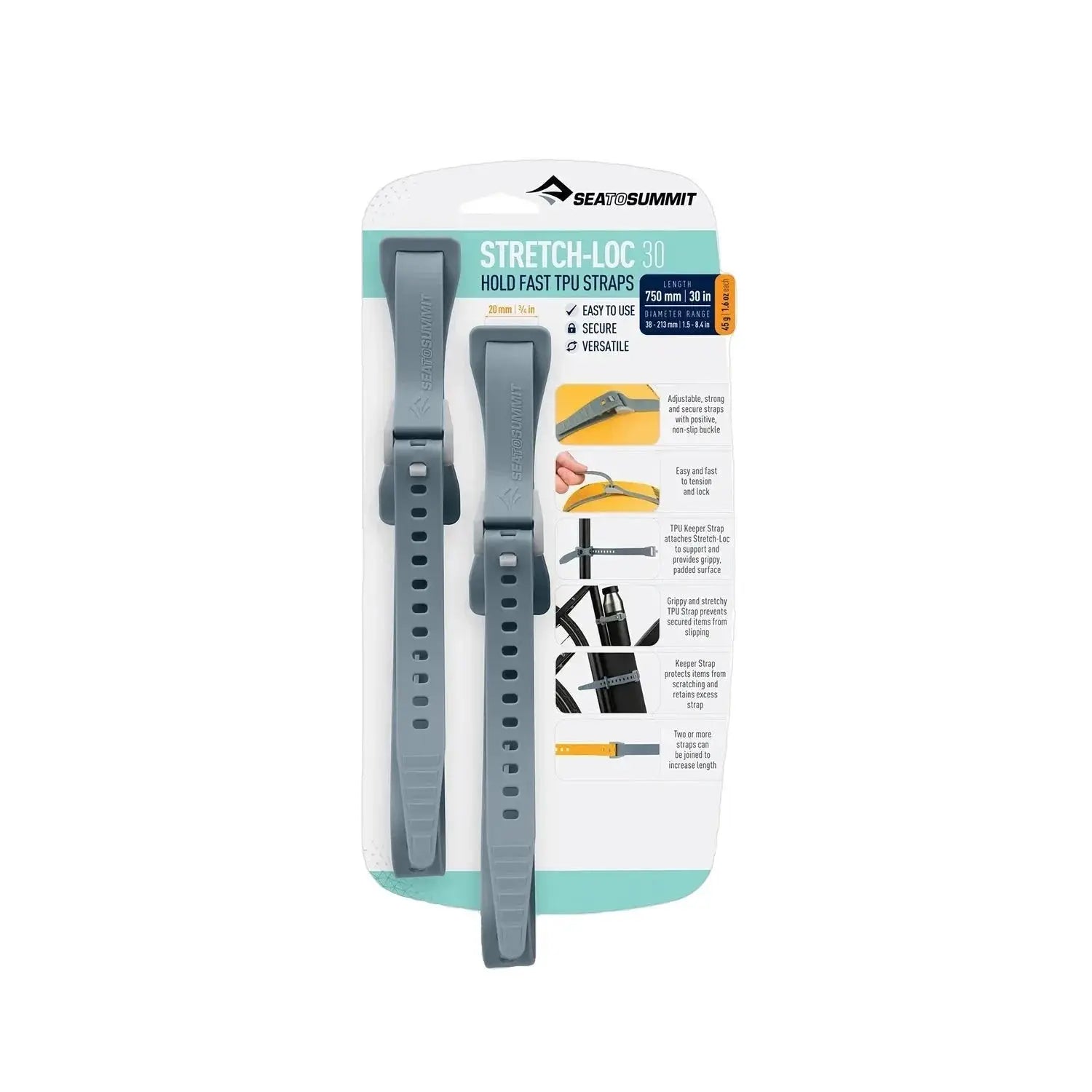 Sea to Summit Stretch-Loc TPU Straps 30" (2 Pack), Grey, front view 