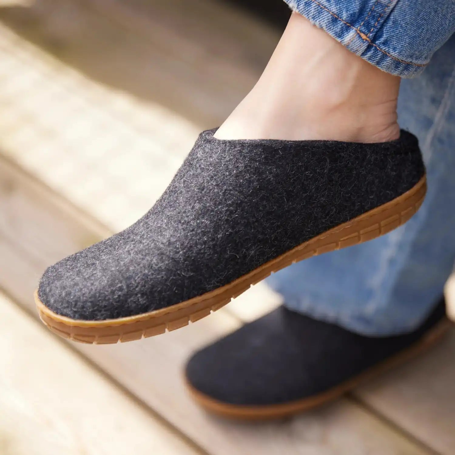 Glerups Slip-On with Natural Rubber Sole in Charcoal Honey, view of shoes on male model