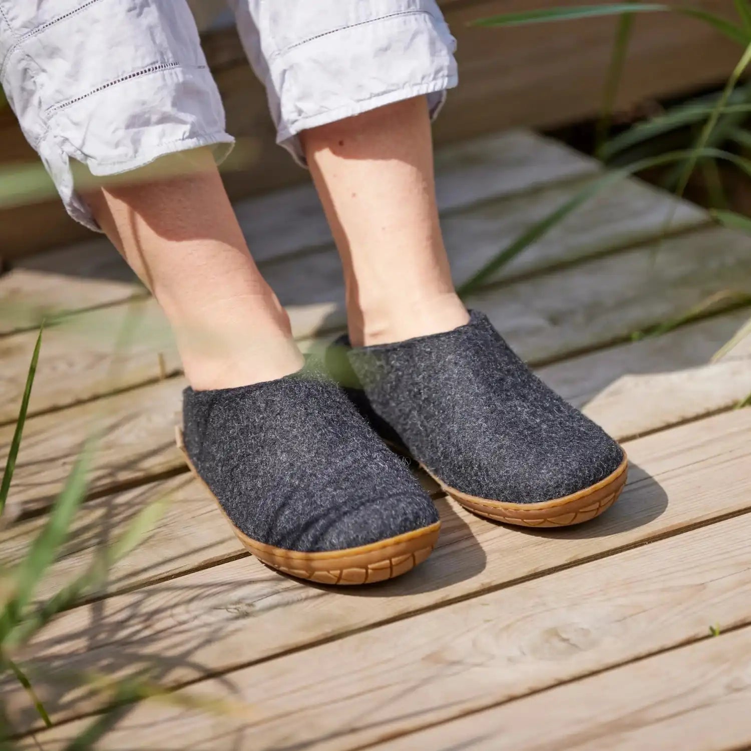 Glerups Slip-On with Natural Rubber Sole in Charcoal Honey, view of shoes on female model