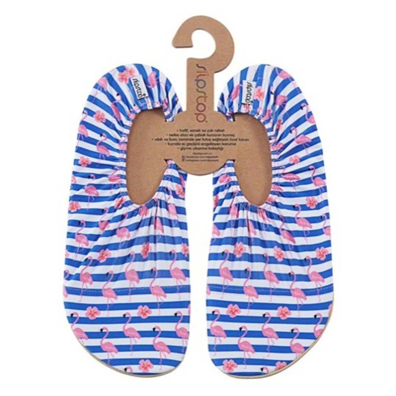 Slipfree Adult's Water Shoes in flamingo stripes, pair top view