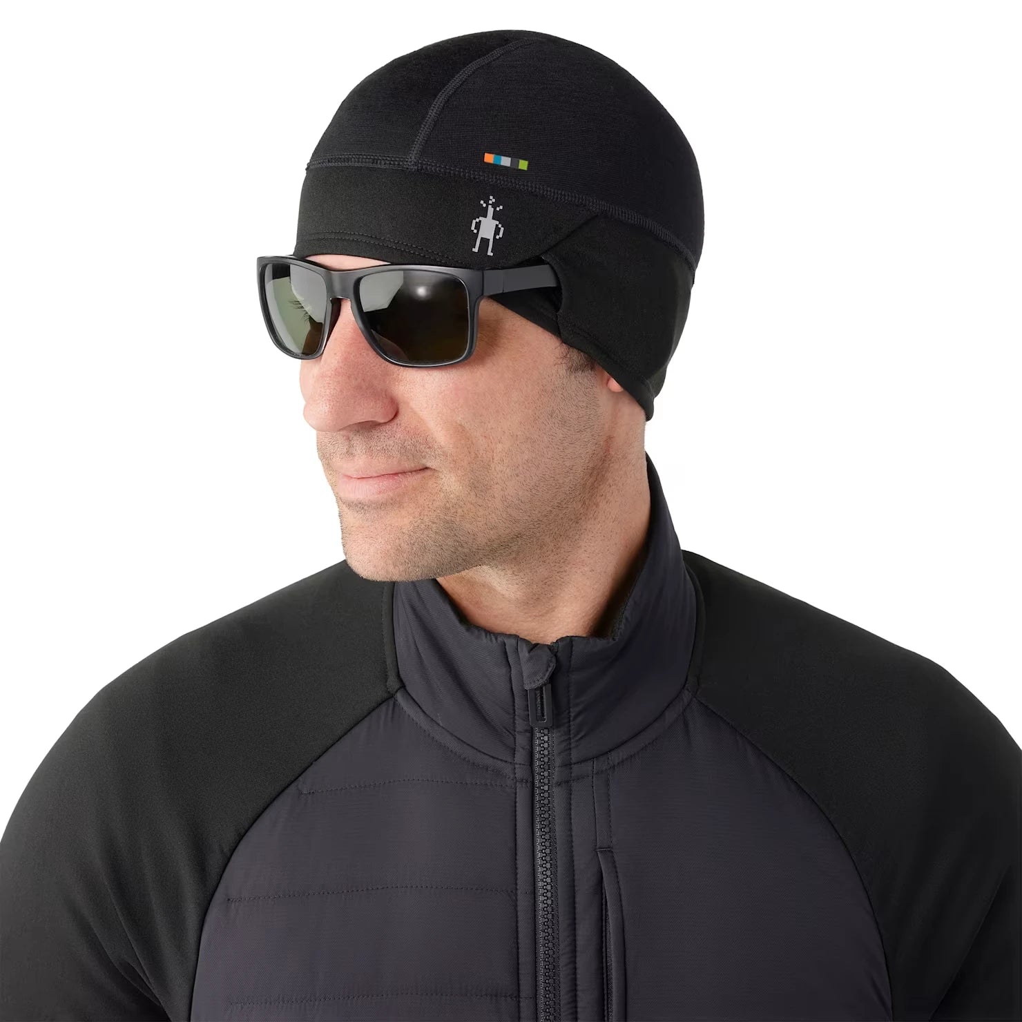 smartwool sport fleece beanie in black front sunglass model view