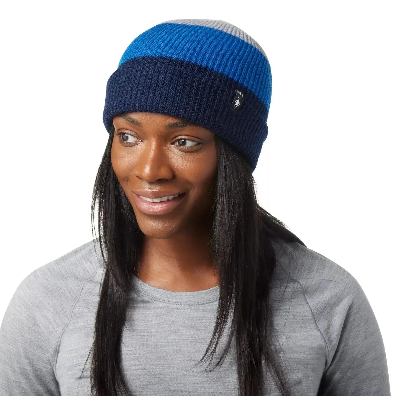 Smartwool Cantar Colorblock Beanie, Laguna Blue, front view on model