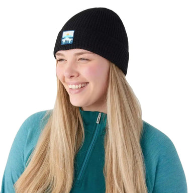 Smartwool Chasing Mountains Patch Beanie, Black, front view on model
