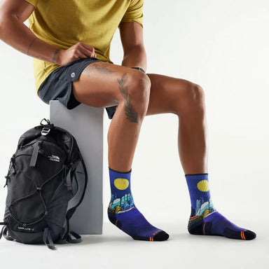 Smartwool Hike Targeted Cushion Mountain Myth Print Crew Socks in Deep navy, model