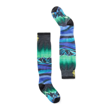 smartwool junior ski aurora flash print over the calf socks in black front flat pair view