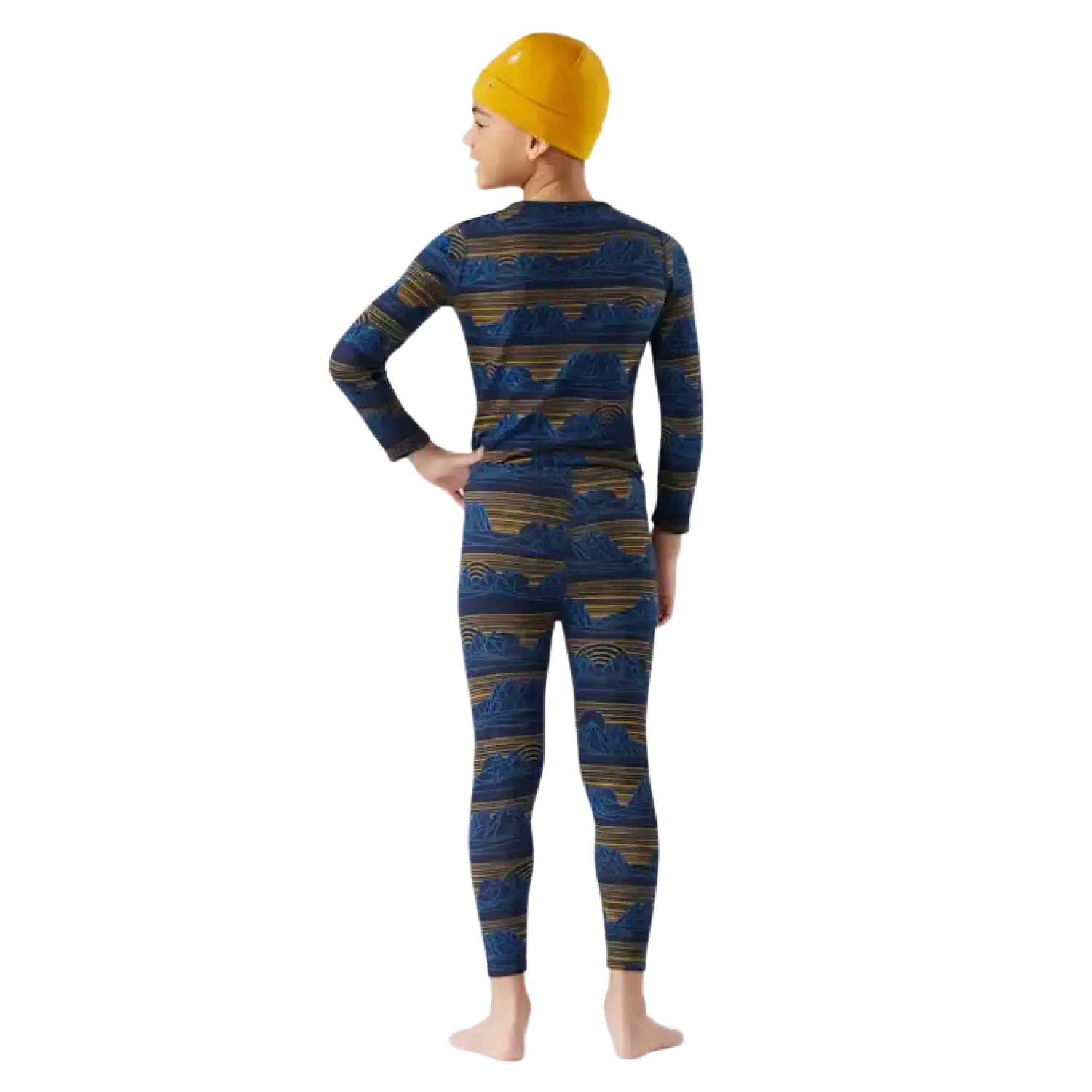 Smartwool Kid's Classic Thermal Merino Base Layer Bottom in Deep Navy Geo Peaks, back view on model 