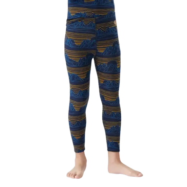 Smartwool Kid's Classic Thermal Merino Base Layer Bottom in Deep Navy Geo Peaks, front view on model 
