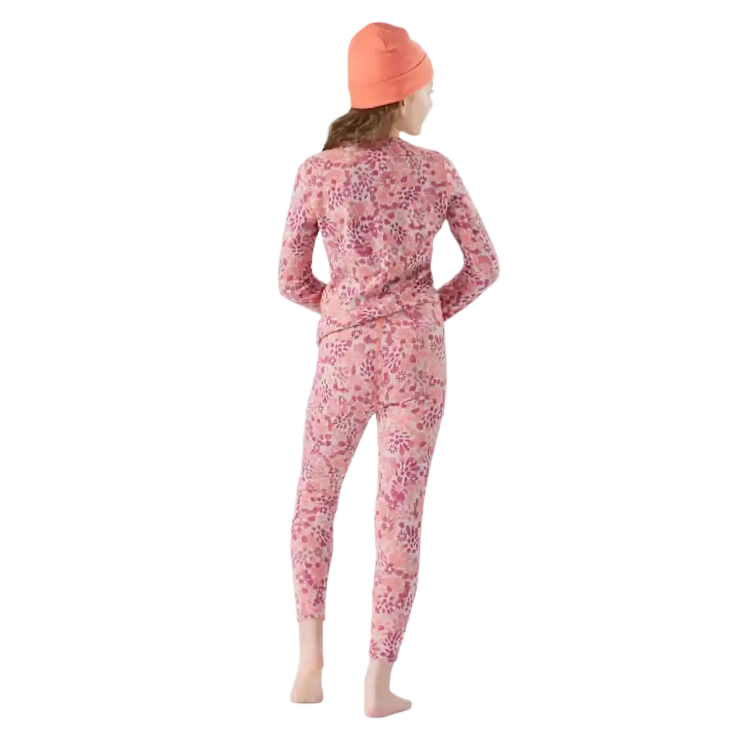 Smartwool Kid's Classic Thermal Merino Base Layer Bottom in Festive Fuchsia Floral, back view on model 