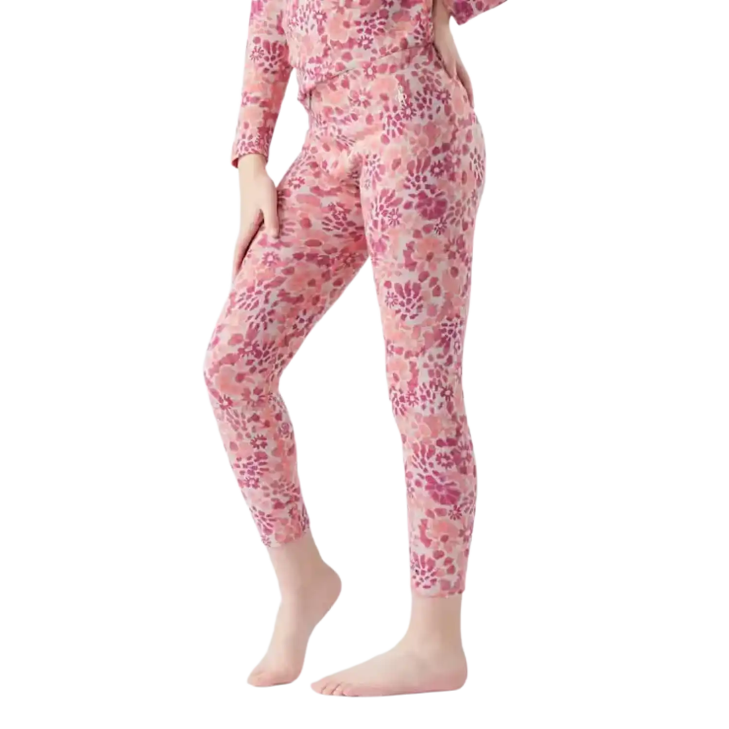 Smartwool Kid's Classic Thermal Merino Base Layer Bottom in Festive Fuchsia Floral, front view on model