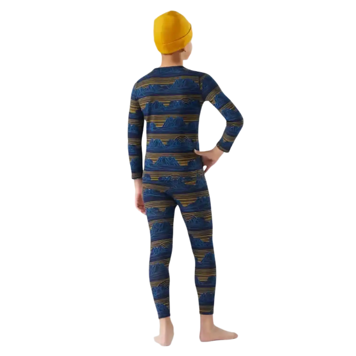 Smartwool Kid's Classic Thermal Merino Base Layer Crew in Deep Navy Geo Peaks, back view on model 