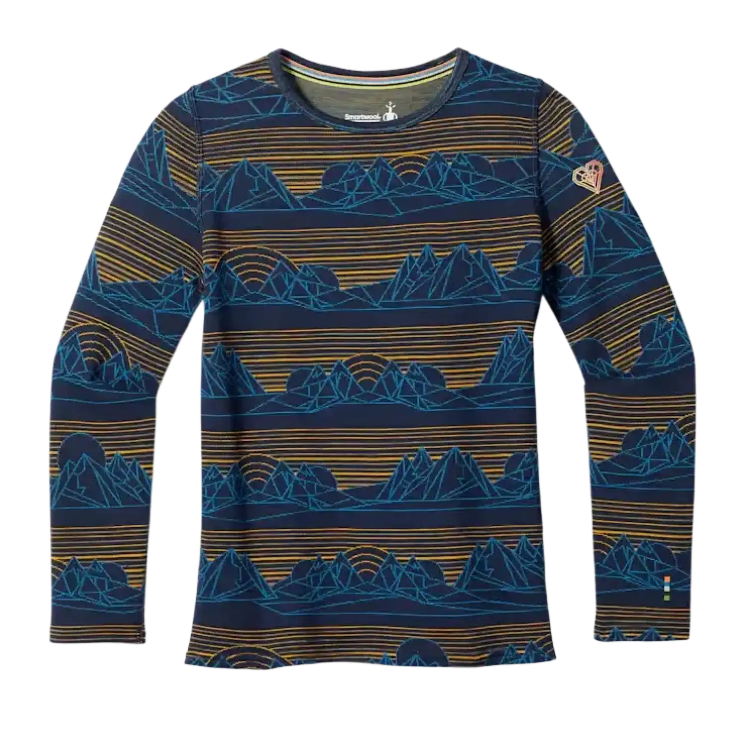 Smartwool Kid's Classic Thermal Merino Base Layer Crew in Deep Navy Geo Peaks, front view flat