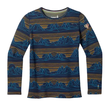 Smartwool Kid's Classic Thermal Merino Base Layer Crew in Deep Navy Geo Peaks, front view flat