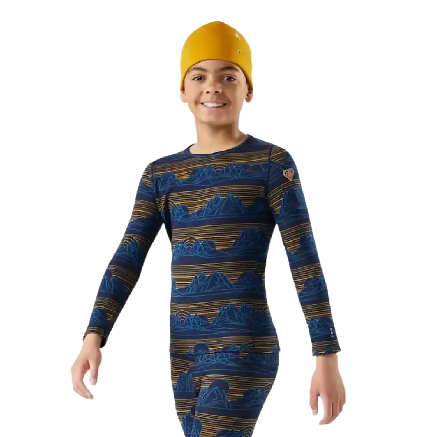 Smartwool Kid's Classic Thermal Merino Base Layer Crew in Deep Navy Geo Peaks, front view on model 