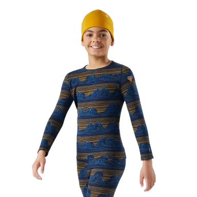 Smartwool Kid's Classic Thermal Merino Base Layer Crew in Deep Navy Geo Peaks, front view on model 