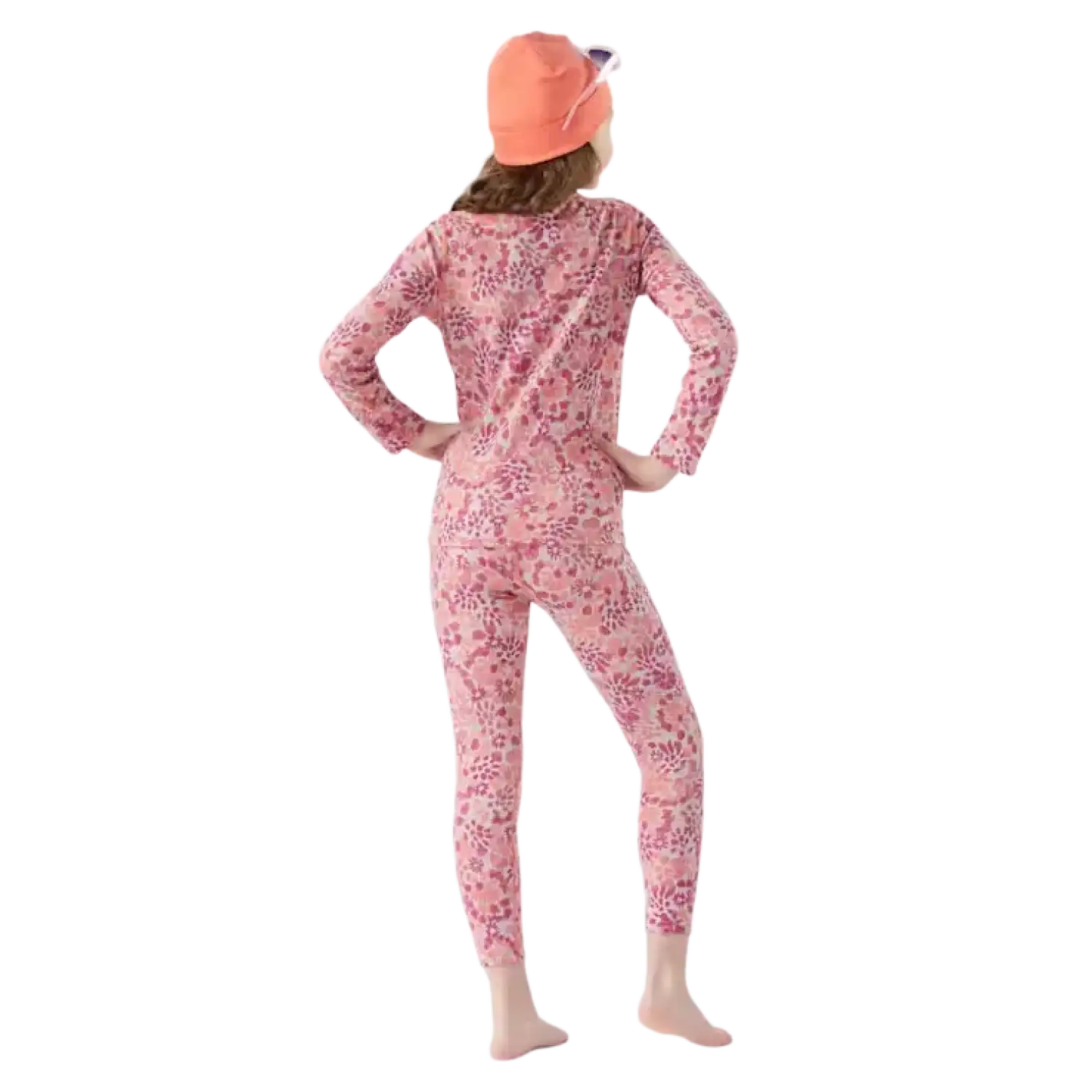 Smartwool Kid's Classic Thermal Merino Base Layer Crew in Festive Fuchsia Floral, back view on model 