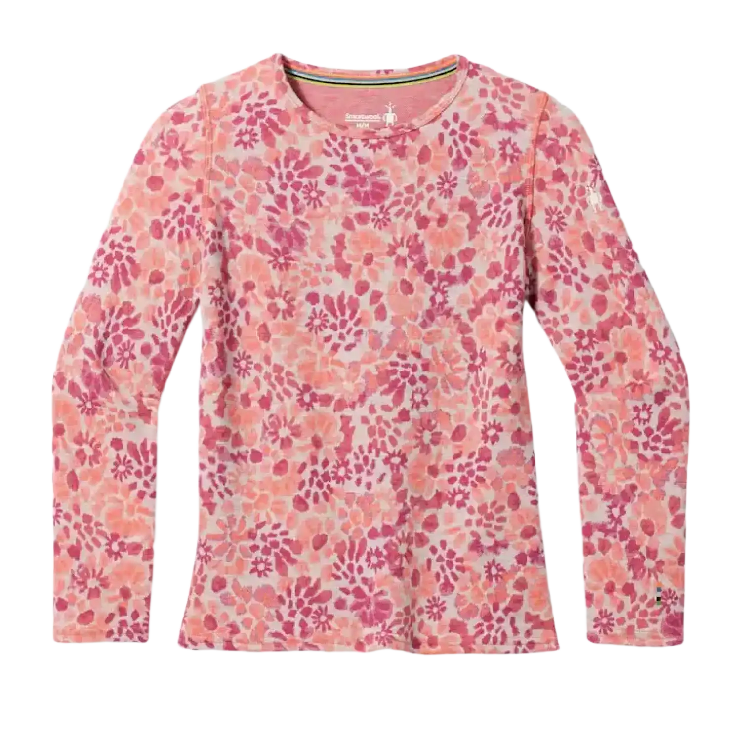 Smartwool Kid's Classic Thermal Merino Base Layer Crew in Festive Fuchsia Floral, front view flat