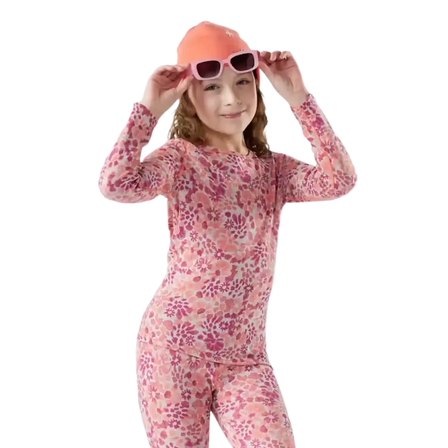 Smartwool Kid's Classic Thermal Merino Base Layer Crew in Festive Fuchsia Floral, front view on model 