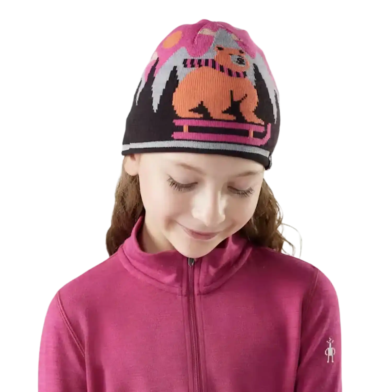 Smartwool Kid's Reversible Art Beanie in Terracotta, front view on model 