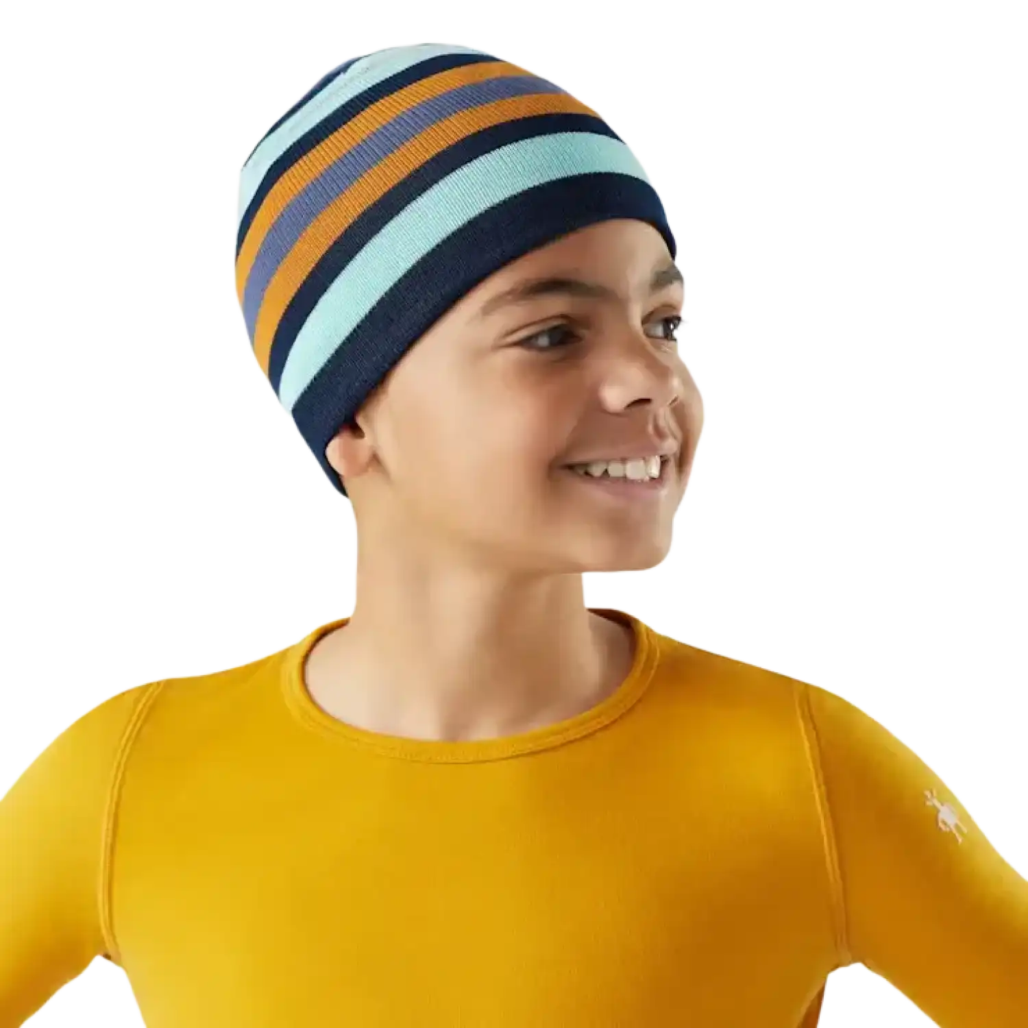 Smartwool Kid's Reversible Art Beanie in Pacific Blue, front view on model