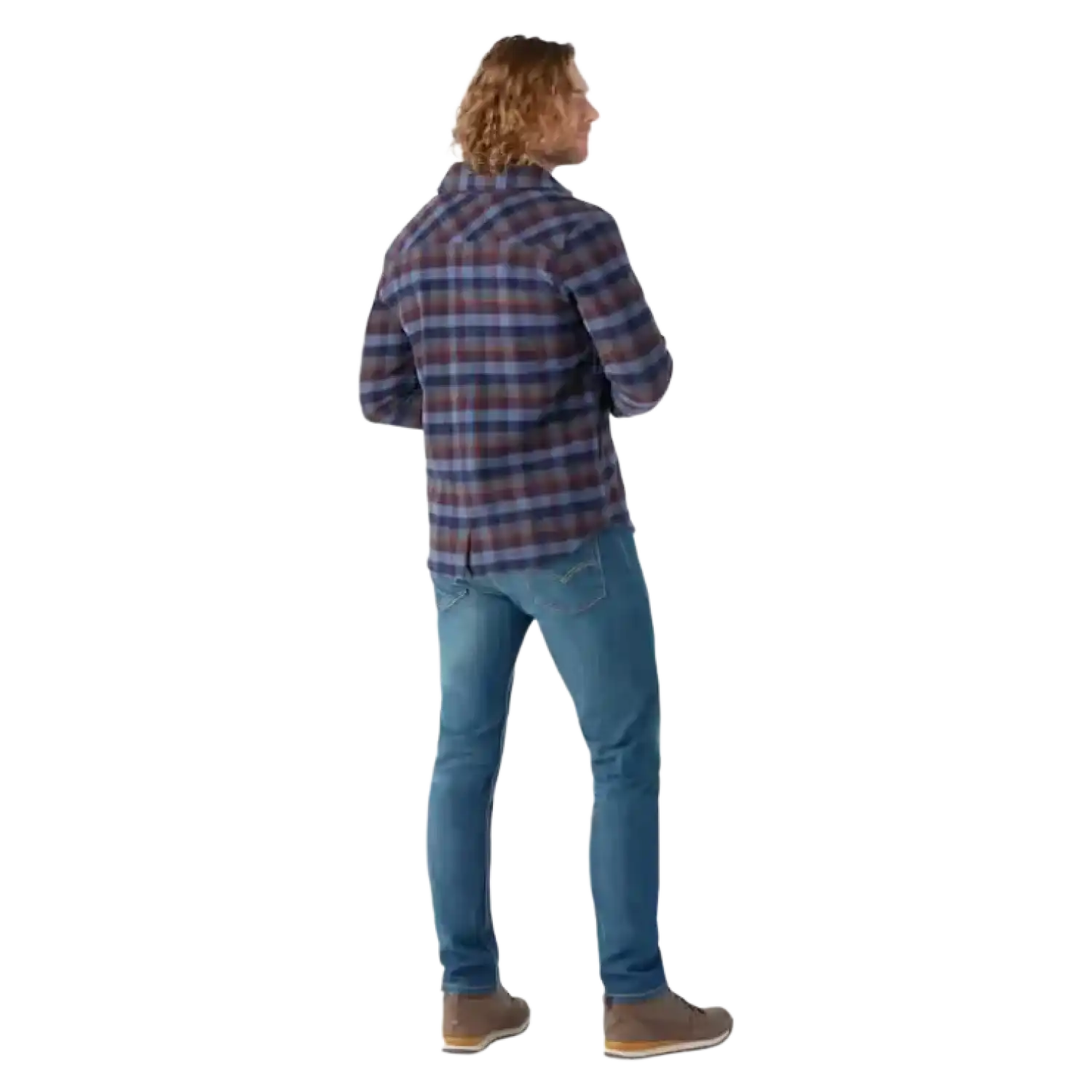 Smartwool Men's Anchor Line Shirt Jacket in Eggplant Plaid, back view on model 