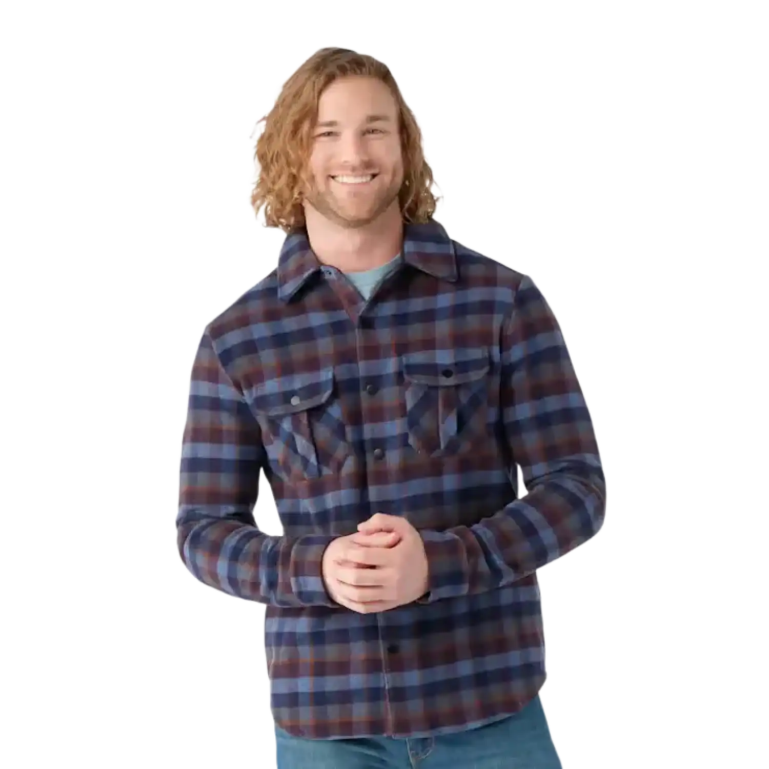 Smartwool Men's Anchor Line Shirt Jacket in Eggplant Plaid, front view on model 