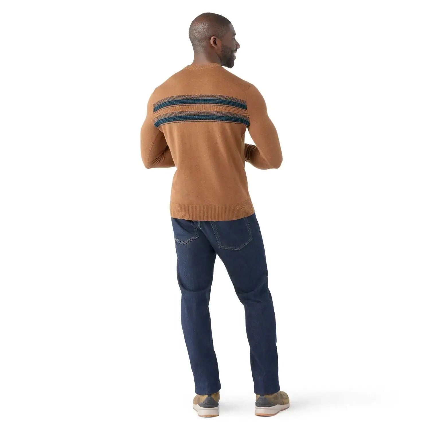 Smartwool M's Sparwood Stripe Crew Sweater, Fox Brown Heather, back view on model